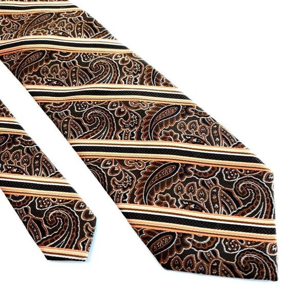 Pronto Uomo Couture‎ Paisley Striped Brown Woven Silk Tie - Picture 1 of 6